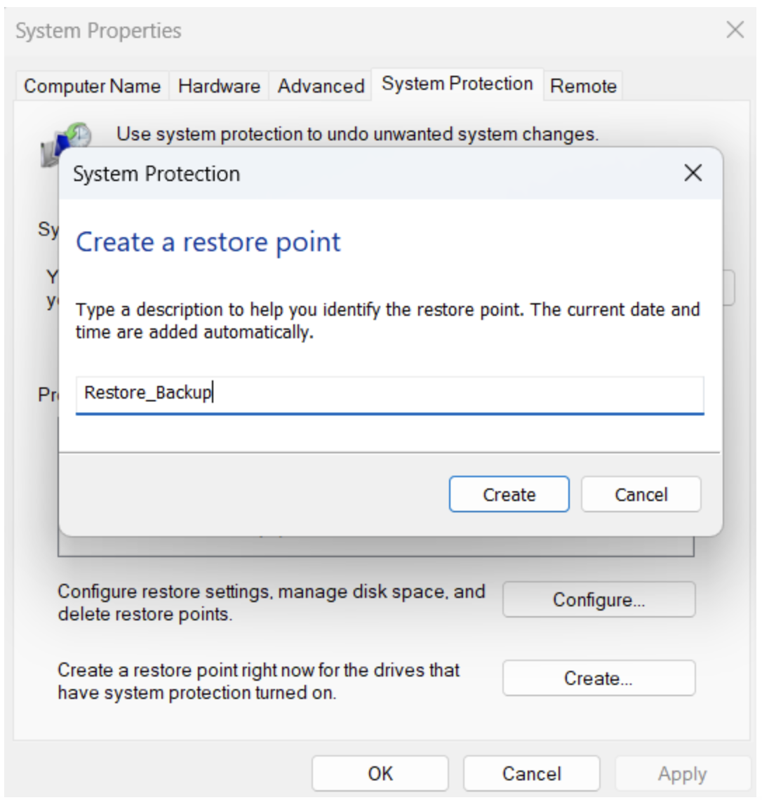 A pop-up window will appear; give the restore point a name and click Create to start the process